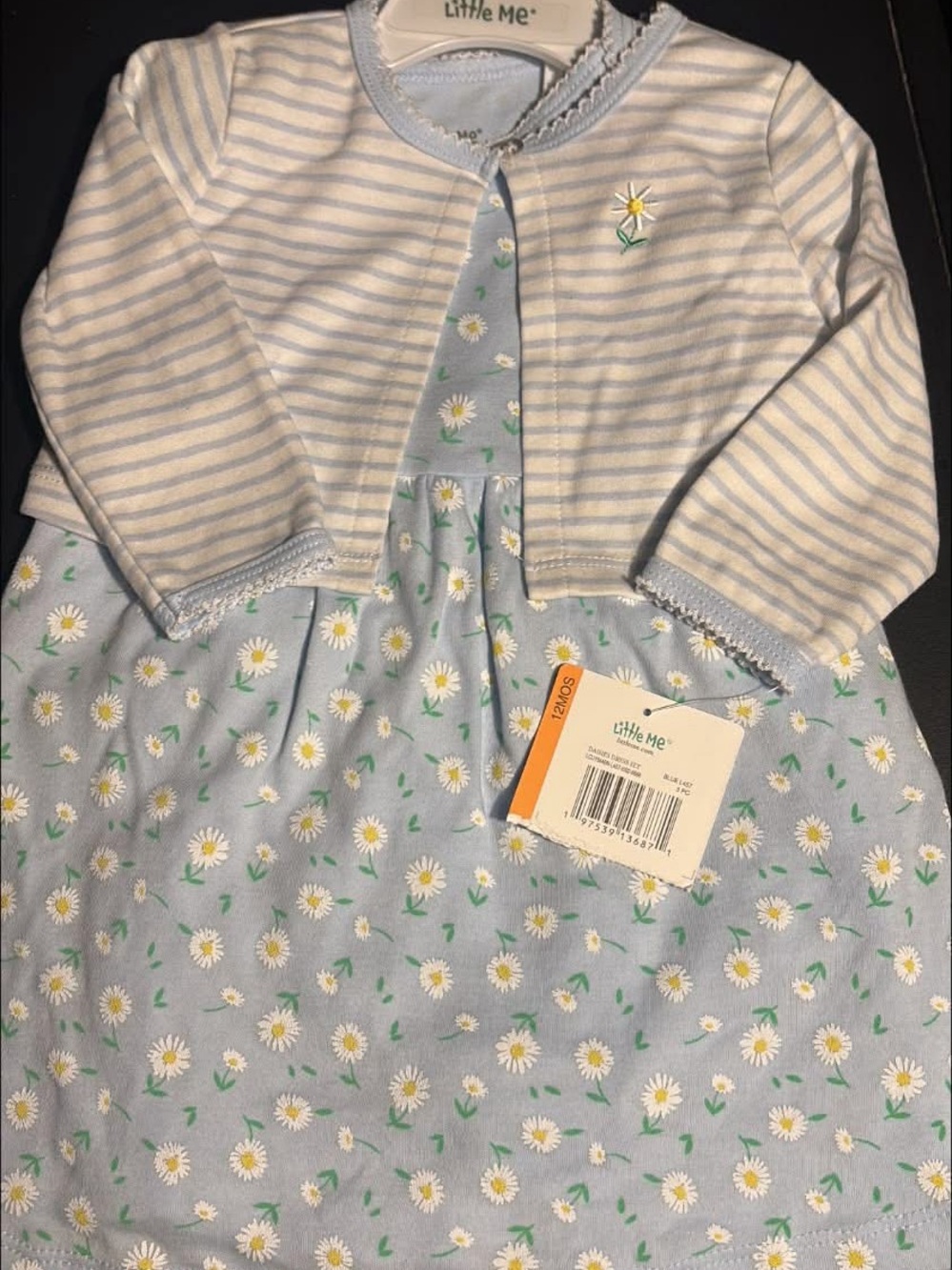 Little Me Light Blue Daisy Dress with Striped Cardigan